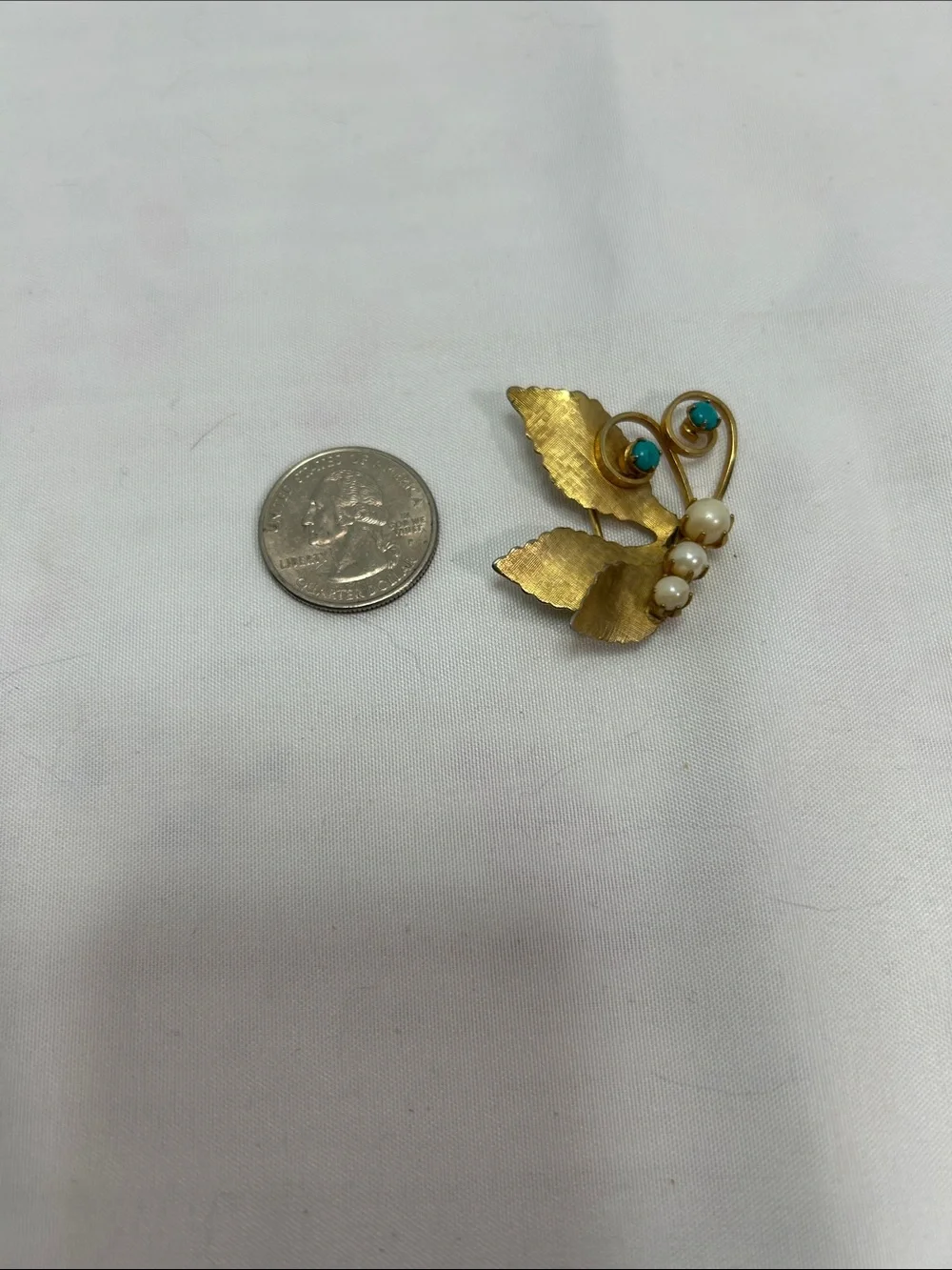 Gold-Tone Leaf Brooch with Turquoise Stones and Pearl Beads